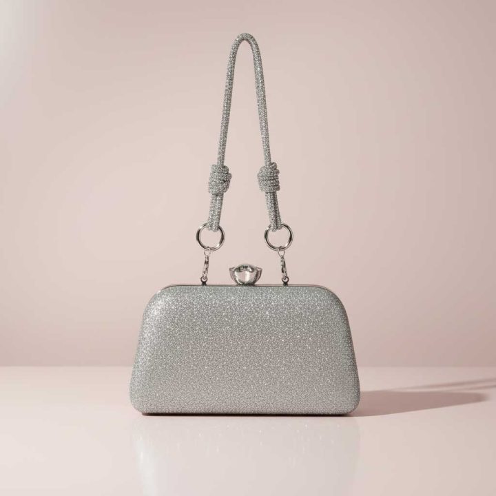Silver Glitter Clutch Bag with Chain Strap